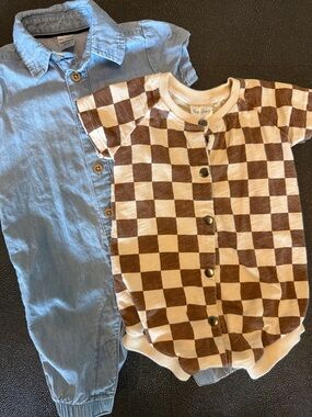 Carter's Light Blue Shirt and Brown Checkered Romper bundle of two size 3-6 M